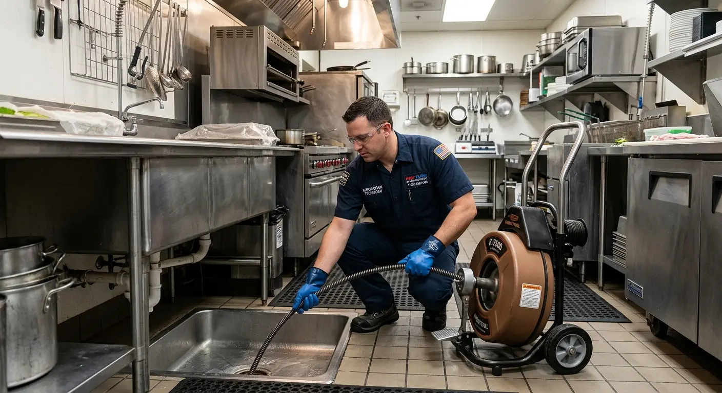 Commercial drain cleaning service in a restaurant kitchen in Garrison