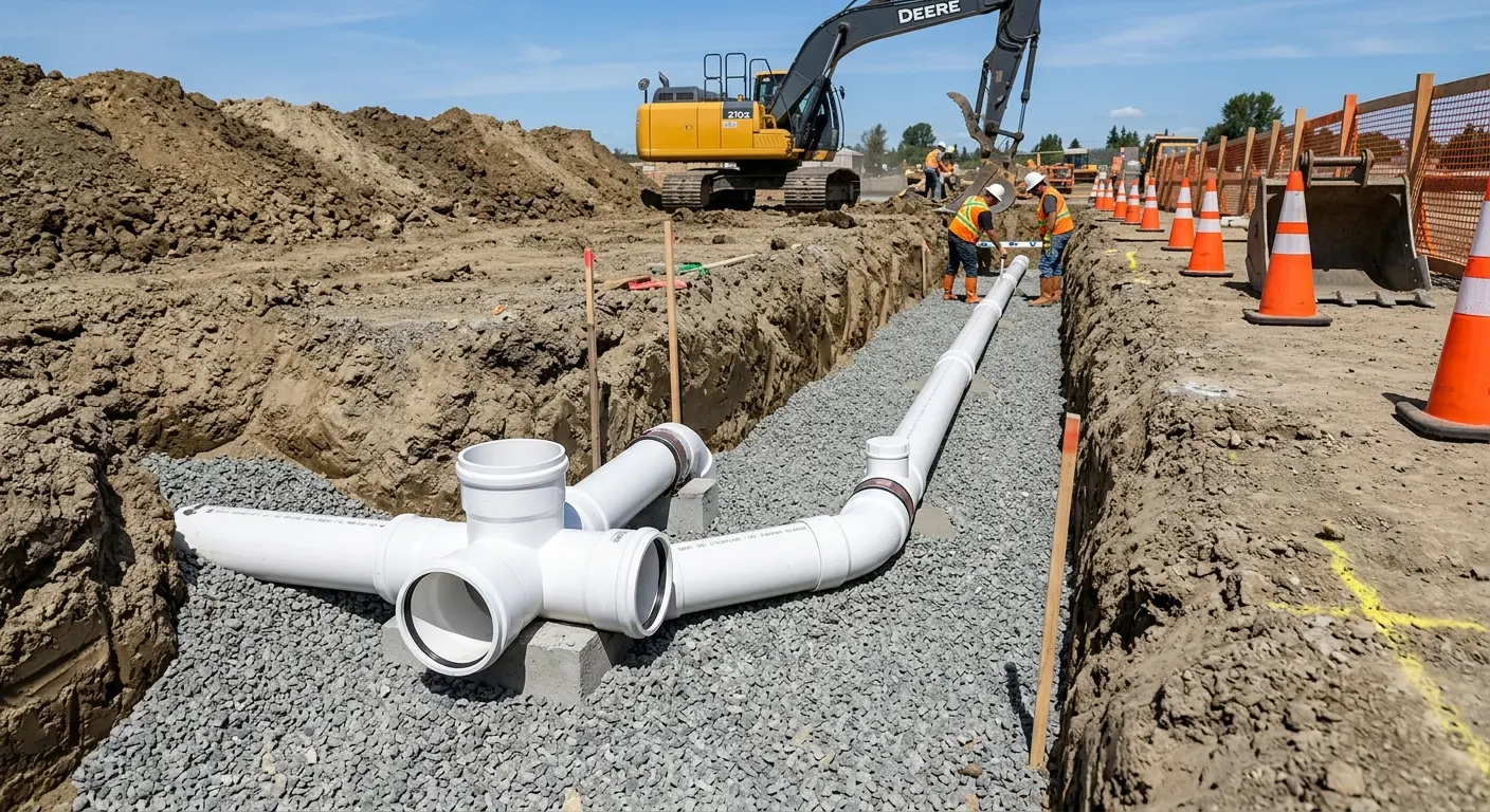 New PVC sewer pipe installation in open trench for Sewer Backup in Garrison