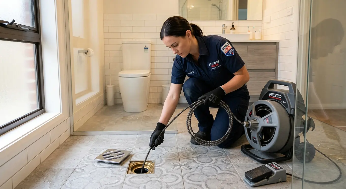 Technician clearing a bathroom floor drain for Drain Cleaning in Garrison
